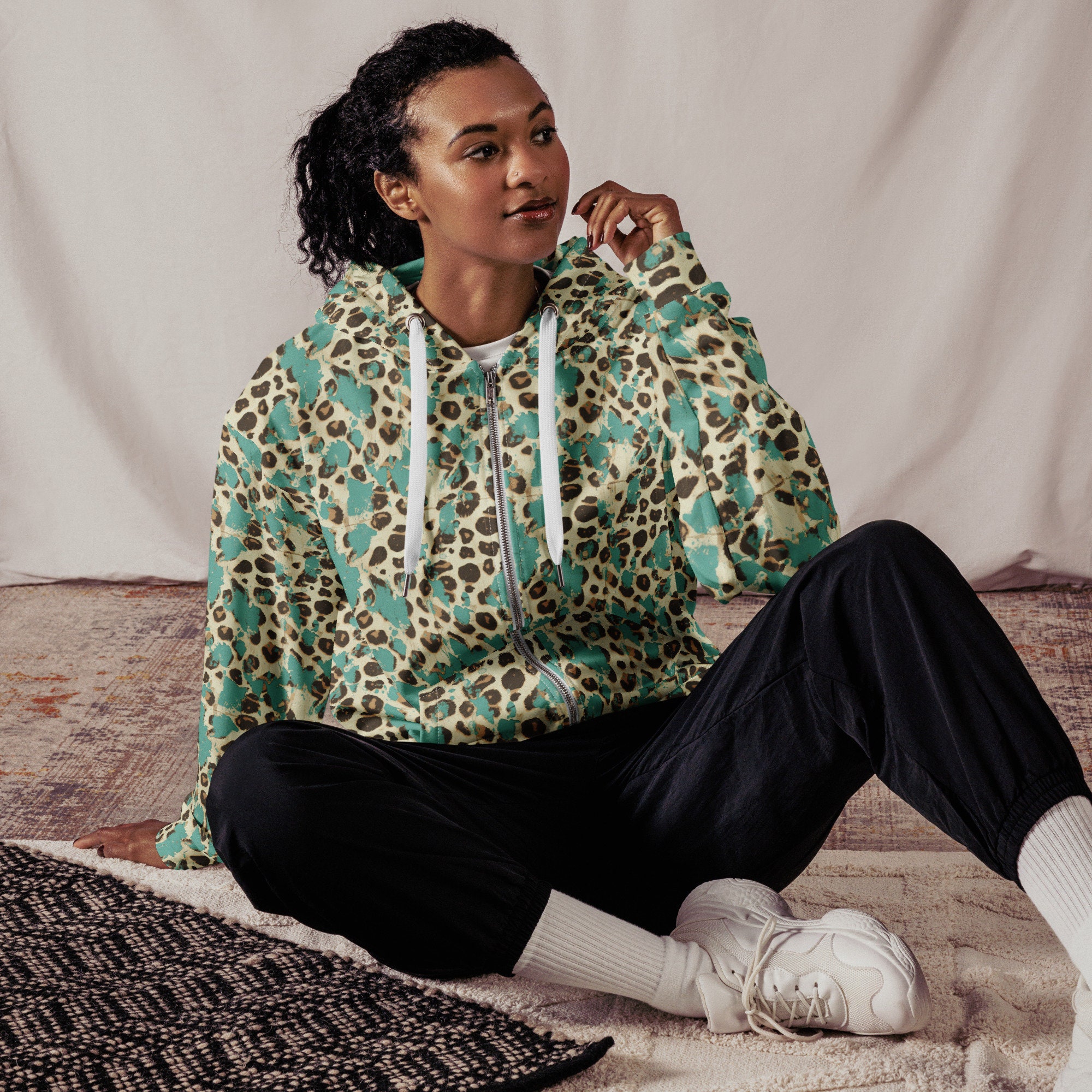 Turquoise Cheetah Print Zip Hoodie: Recycled Polyester Sweatshirt