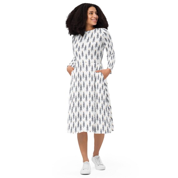Christmas Trees Long Sleeve Dress with Pockets, Women's Clothing, Christmas Dress for Women, Modest Dress, Plus Size Dress, Holiday Season