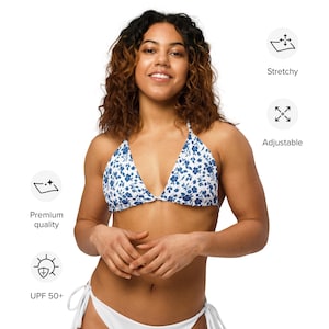 Blue Floral string bikini top for women, Bikini separates, String Bikini Top, Beach Swimsuit, Triangle Top for Her, Bathing Suit Top