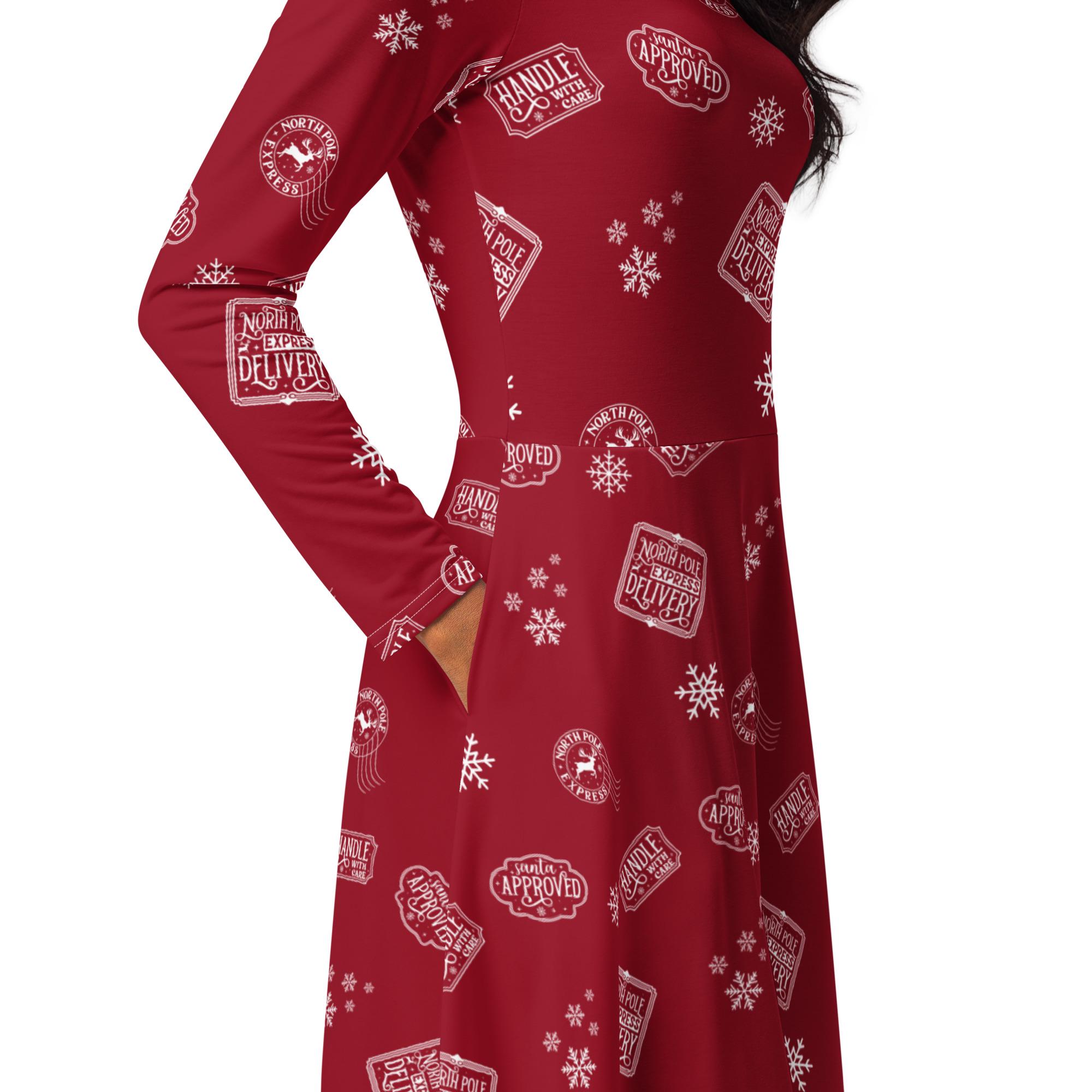 Red North Pole Express Long Sleeve Midi Dress with Pockets, Christmas Dress, Holiday Season, Women's Clothing, Plus Size Dress, X-Mas Dress Red North Pole Express Long Sleeve Midi Dress with Pockets, Christmas Dress, Holiday Season, Women's Clothing, Plus Size Dress, X-Mas Dress