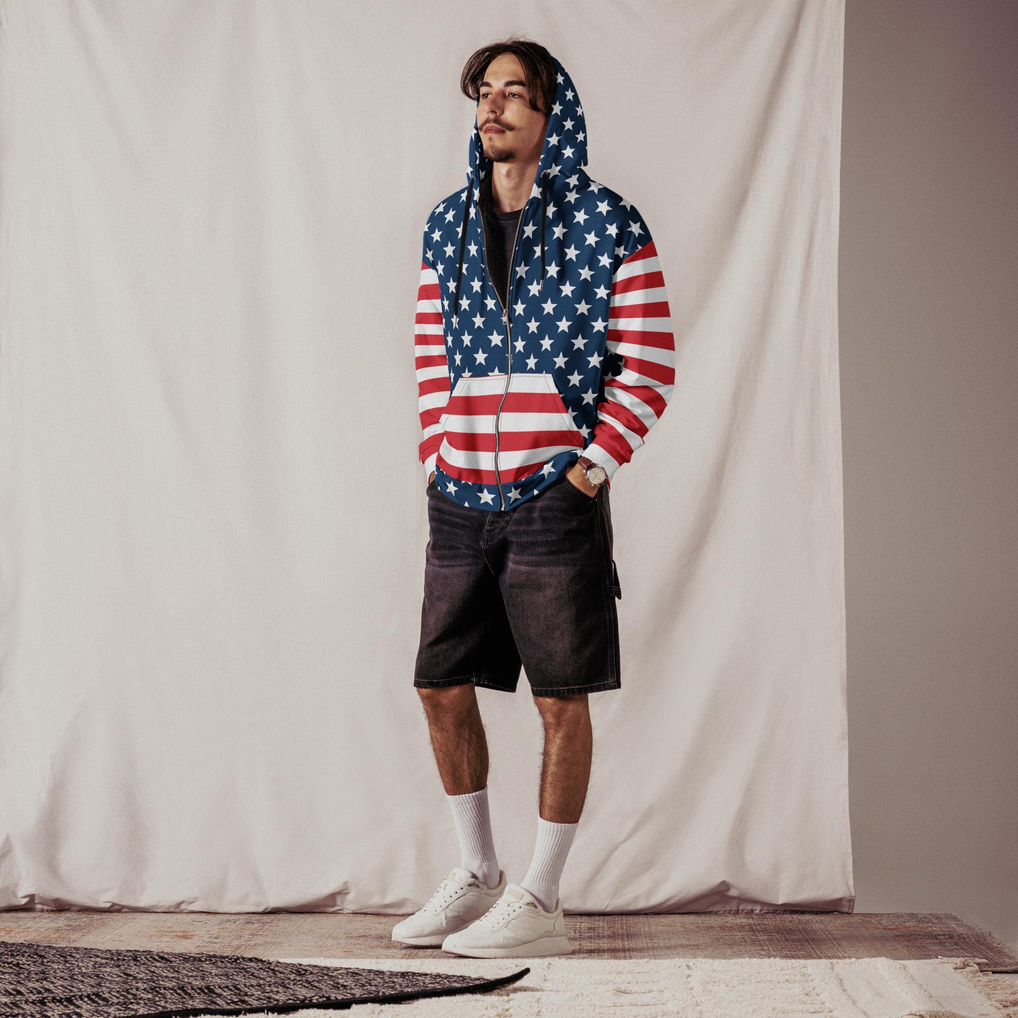 Stars & Stripes Zip Hoodie, USA Hoodie, Comfy Sweatshirt