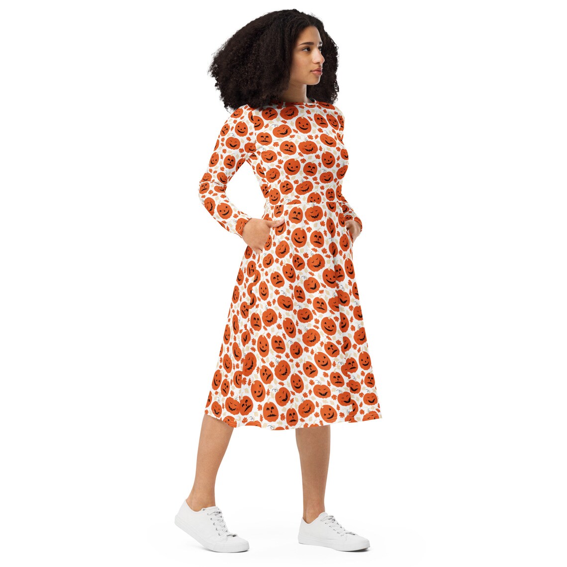 Happy Pumpkin Long Sleeve Midi Dress With Pockets, Halloween Dress ...