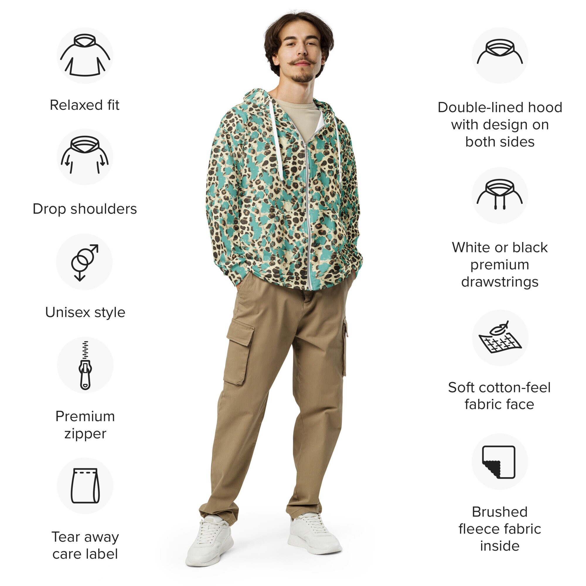 Turquoise Cheetah Print Zip Hoodie: Recycled Polyester Sweatshirt