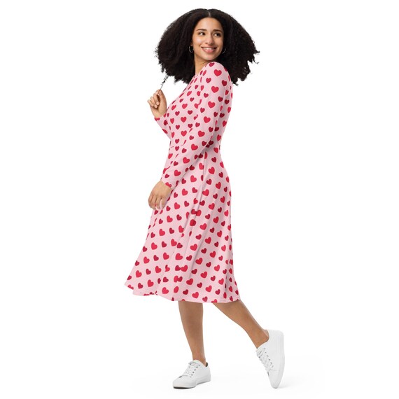 Pink Hearts Long Sleeve Dress with Pockets, Women's Clothing, Plus Size Dresses, Valentines Day Dress, Heart Dress, Modest Dresses for Her