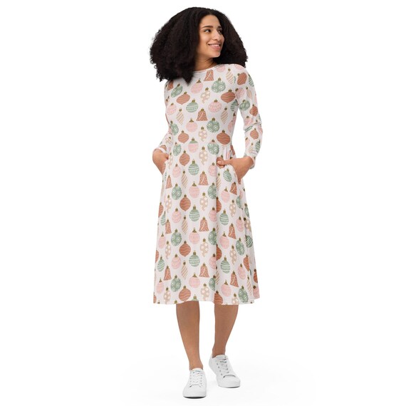 Christmas Ornaments Long Sleeve Dress with Pockets, Holiday Dress Gift, Christmas Dress, Plus Size Dresses, X-Mas Dress for Women