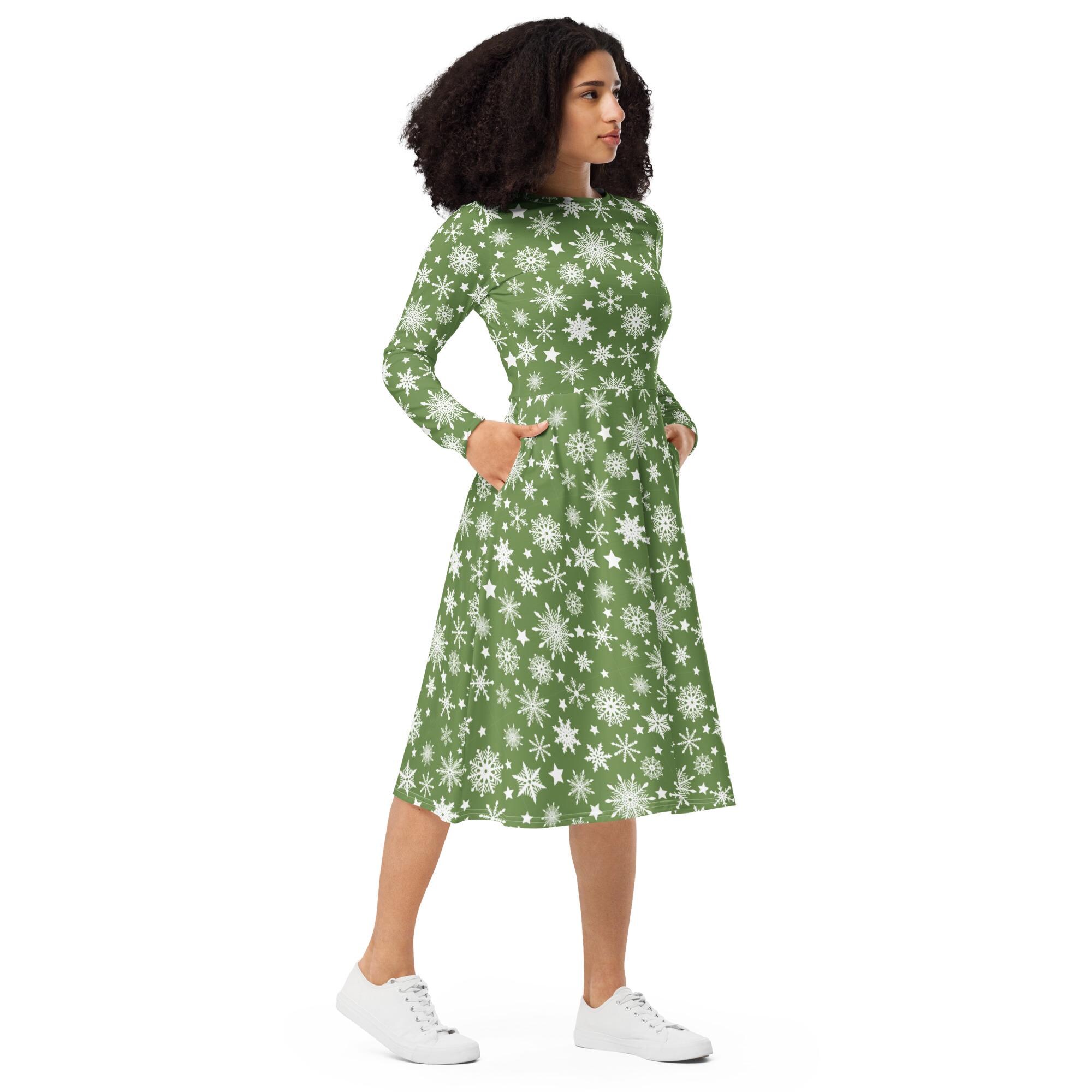 グリーンのクリスマススノーフレーク柄長袖ドレス（ポケット付き