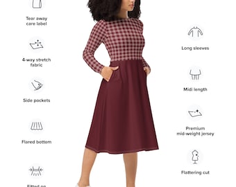 Burgundy Plaid Midi Dress with Pockets: Long Sleeve Jersey Knit