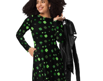 Black St. Patrick's Day long sleeve dress, Shamrock Dress, Clover Midi Dress with pockets, Clover Dress up to 6XL