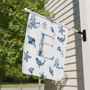 Watercolor Ocean Monogram Garden Banner, Personalized Yard Decoration, Nautical Home Decor, Beach House Welcome Sign, Coastal Garden Flag