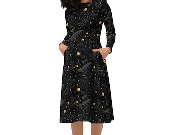 Celestial Langarm Midi Kleid mit Taschen, Celestial Dress, Plus Size Dress, Long Sleeve Dress, Cottagecore Dress