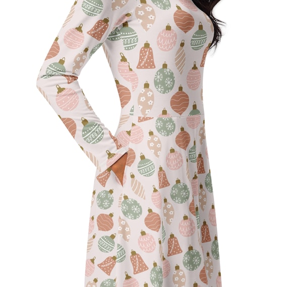 Christmas Ornaments Long Sleeve Dress with Pockets, Holiday Dress Gift, Christmas Dress, Plus Size Dresses, X-Mas Dress for Women