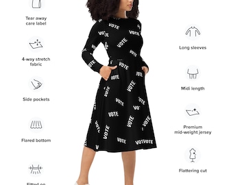 May include: A black midi-length dress with long sleeves and a fitted waist. The dress has a flared bottom and features a white "VOTE" pattern all over. The dress has side pockets and a flattering cut.