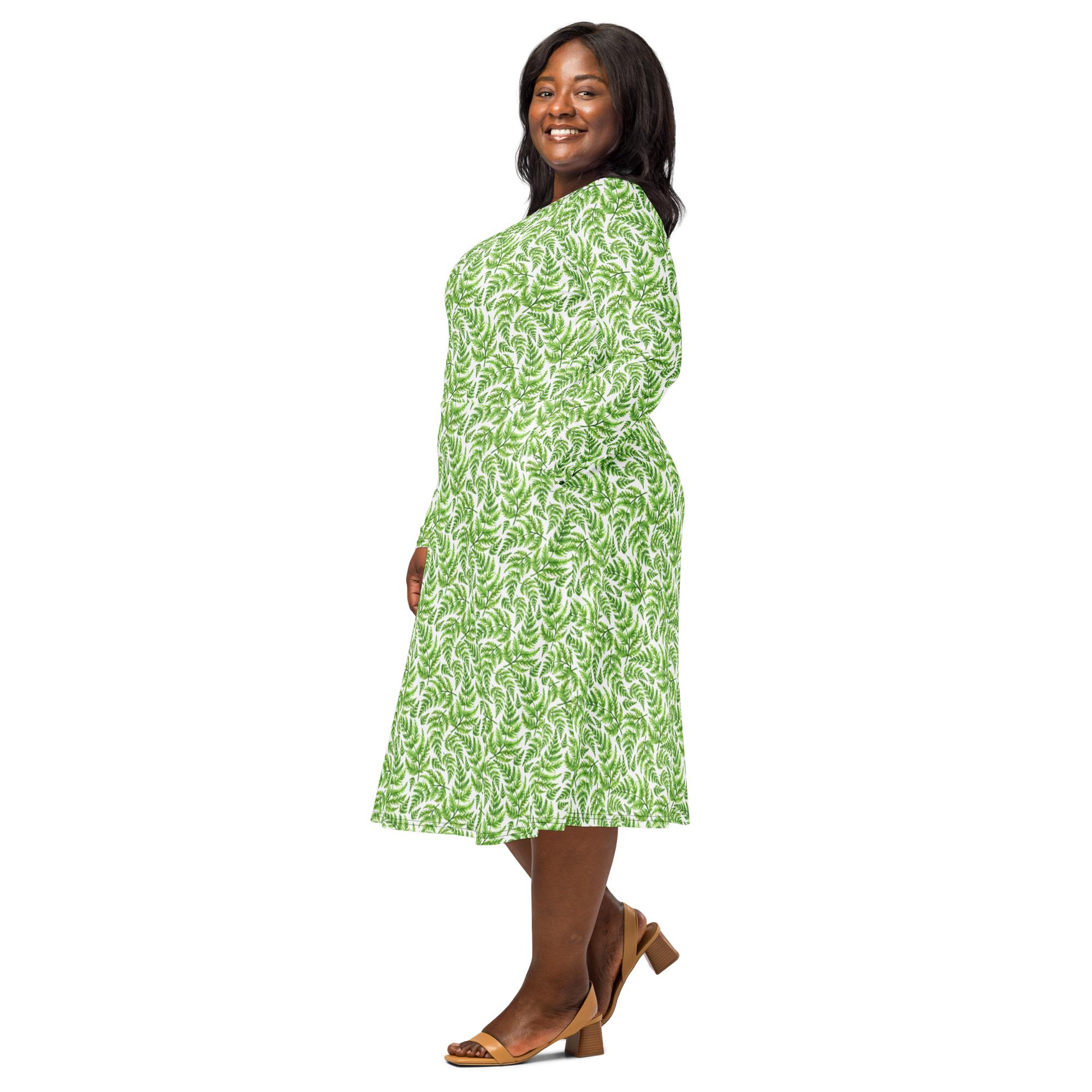 green fern print dress Botanical Midi With Pockets | Nature Long Sleeve Dress | Cottagecore Garden Dress jan 2023 markdown