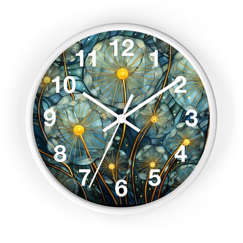 Horloge murale analogique art pissenlit en vitrail, cadeau amusant de décoration d'intérieur, horloges de cuisine horloge fleurs sauvages, cadeau horloge murale pissenlit pour maman végétale