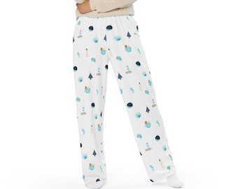 May include: White pajama pants with an all-over pattern of navy blue and teal sea-themed illustrations. The design includes lighthouses, trees, and abstract shapes. The pants have a comfortable, relaxed fit.