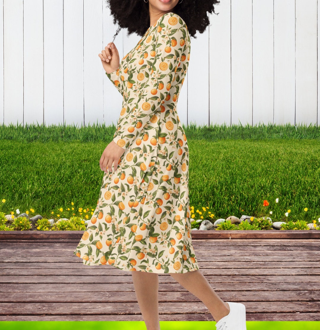 Orange Blossoms print long sleeve midi dress with pockets, Plus Size Dresses for Women, Long-sleeve Dress, Modest Dresses