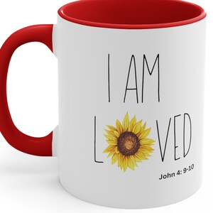 Sunflower I Am Loved Mug, Inspirational Mug, Christian Mug, Faith Mug, Christian Gift - Accent Coffee Mug, 11oz