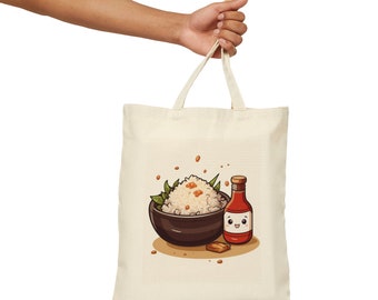 Kawaii Rice Bowl and Soy Sauce Bottle Canvas Tote Bag, Aesthetics Handbag, Carryall Shopping Bag, Satchel Purse, Hygge Friendship Tote Bag