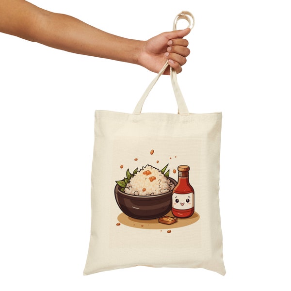 Kawaii Rice Bowl and Soy Sauce Bottle Canvas Tote Bag, Aesthetics Handbag, Carryall Shopping Bag, Satchel Purse, Hygge Friendship Tote Bag