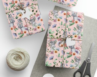 Cat and Rabbit Gift Wrap, Modern Glossy or Matte Wrapping Paper Roll, Aesthetics Stationery, Paper Crafting, Floral Garden, Bunnies Flowers