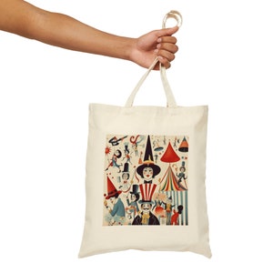 Vintage Carnival, Canvas Tote Bag, Aesthetics Beach Handbag, Carryall Shopping Bag, Satchel Purse, Circus Clowns Acrobats, Funhouse Tent