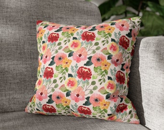 Pink Red Flowers Square Pillow Cover, Cozy Core Decorative Pillows, Home Décor, Couch Chair Bedding, Aesthetics Watercolor Floral Botanical