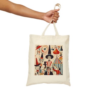 Vintage Carnival, Canvas Tote Bag, Aesthetics Beach Handbag, Carryall Shopping Bag, Satchel Purse, Circus Clowns Acrobats, Funhouse Tent