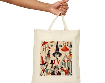 Vintage Carnival, Canvas Tote Bag, Aesthetics Beach Handbag, Carryall Shopping Bag, Satchel Purse, Circus Clowns Acrobats, Funhouse Tent
