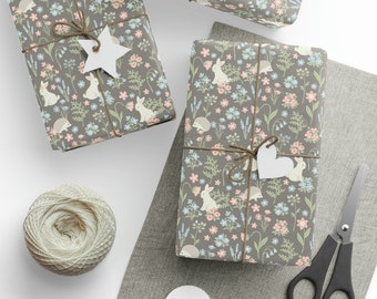 Hedge Hog Bunny Floral Gray Gift Wrap, Glossy or Matte Wrapping Paper Roll, Paper Crafting, Spring Flowers Gift, Housewarming, Baby Shower
