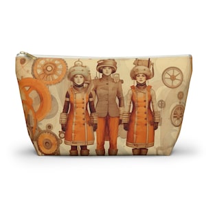May include: Three women in steampunk-inspired outfits stand in front of a background of gears and cogs. They are wearing orange and brown clothing with intricate details. The women have elaborate hats and hairstyles.