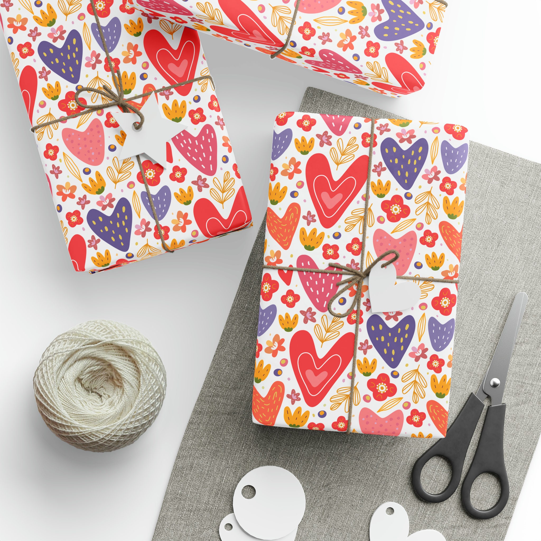 Hearts and Floral Gift Wrap, Modern Glossy or Matte Wrapping Paper Roll, Aesthetic Paper Craft Stationery, Valentines Day, Housewarming Gift
