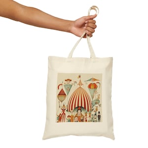 Vintage Carnival, Canvas Tote Bag, Aesthetics Beach Handbag, Carryall Shopping Bag, Satchel Purse, Circus Clowns Acrobats, Funhouse Tent