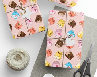Kawaii Milk Carton Gift Wrap, Glossy or Matte Wrapping Paper Roll, Aesthetics Stationery Supply, Modern Paper Crafting, Cute Food Drinks