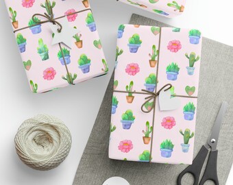 Pink Cactus Gift Wrap, Modern Glossy or Matte Wrapping Paper Roll, Aesthetics Stationery, Paper Crafting, Succulent Flower Botanical Garden