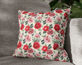 Red Floral Square Pillow Cover, Cozy Core Decorative Pillows, Home Room Décor, Couch Chair Bedding, Aesthetics Watercolor Botanical Flowers