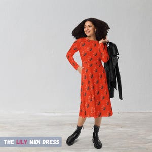 Chic Black Swan Long Sleeve Midi Knit Jersey Dress, The Lily Midi Dress with Pockets, Boho Aesthetic Clothing, Trendy Streetwear, Plus Sizes Chic Black Swan Long Sleeve Midi Knit Jersey Dress, The Lily Midi Dress with Pockets, Boho Aesthetic Clothing, Trendy Streetwear, Plus Sizes