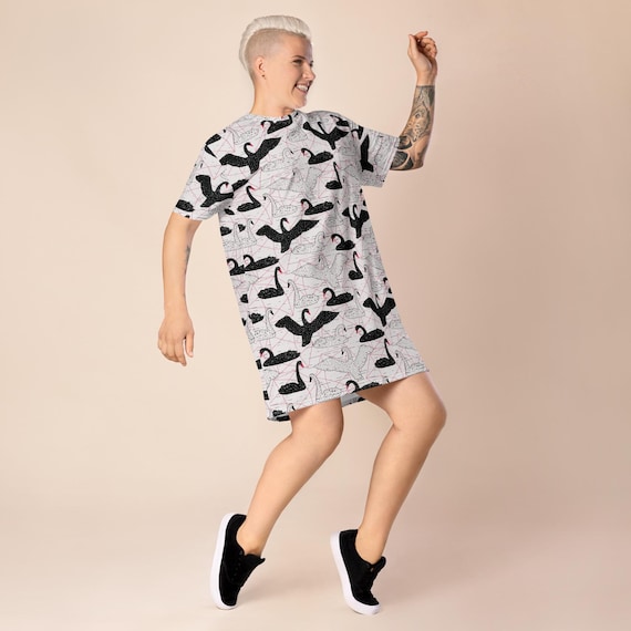 Swans Knit Jersey T-Shirt Dress, The Mira T-Shirt Dress , Boho Aesthetic Clothing, Animal Pattern, Casual Dressy Street Apparel, Plus Sizes