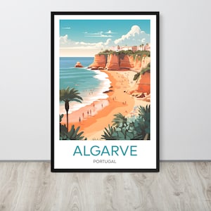 Cartel de la playa del Algarve, Portugal Algarve Travel Art Print, Cartel vintage de viajes costeros, Affiche de Voyage, Decoración de la pared, Con/Sin marco