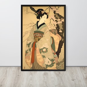 Geisha em quimono sob Sakura Xilogravura, Arte de gueixa do período Edo, Ukiyoe japonês, pôster vintage, arte para impressão, download digital