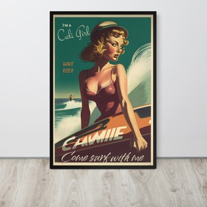 Surfer Girl Vintage Poster, La Femme Chic Vintage Poster Kunst, Wellenreiter, Sommer Kunst, Affiche de Voyage, druckbare Kunst, digitaler Download