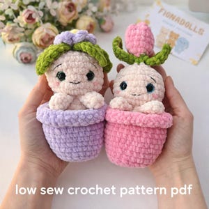 Può includere: Due bambole all'uncinetto fatte a mano in vasi di fiori. Una bambola ha un fiore viola e foglie verdi, l'altra un tulipano rosa. Le bambole hanno facce sorridenti e sono in vasi viola e rosa. Il testo in basso recita "low sew crochet pattern pdf".