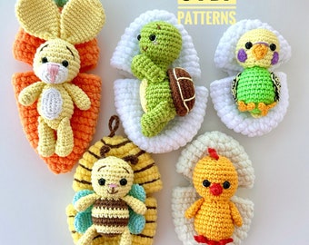 Crochet pattern Easter Bunny in carrot, chick, budgie and Turtle in egg, bee in beehive - Amigurumi plushie crochet patterns - English Pdf