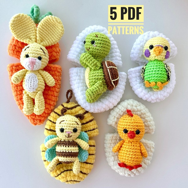 Crochet pattern Easter Bunny in carrot, chick, budgie and Turtle in egg, bee in beehive - Amigurumi plushie crochet patterns - English Pdf