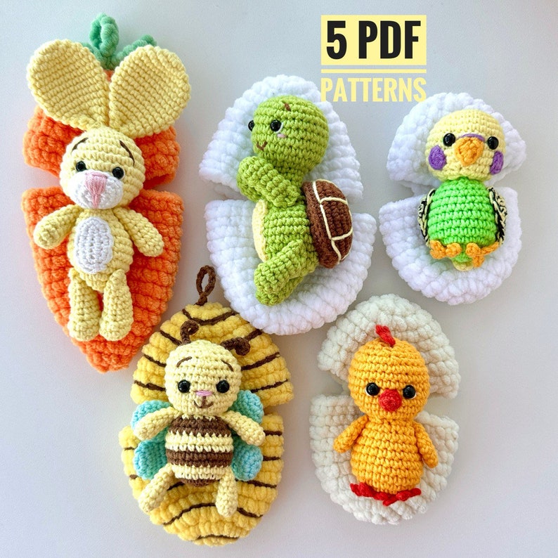Crochet pattern Easter Bunny in carrot, chick, budgie and Turtle in egg, bee in beehive Amigurumi plushie crochet patterns English Pdf zdjęcie 1