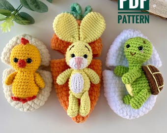 Amigurumi Crochet Pattern: Easter Bunny in carrot, Turtle, Chick Plushies (English PDF)