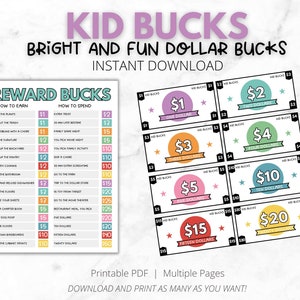 Mom Bucks/Kid Bucks | Editable Parent Reward System | Pretend Play Money | PDF Printable Bright Mom Bucks | How To Earn, How to Spend