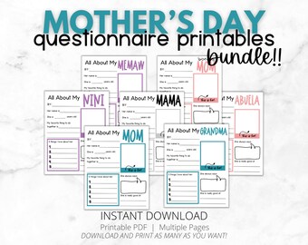 Moederdag printables | Alles over mijn moeder, stiefmoeder, bonusmoeder, oma, oma | Cadeau voor mama | Moederdagkaart | DIRECT DOWNLOADEN | BUNDEL