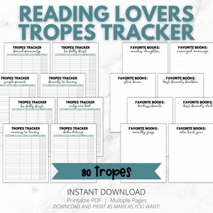 Op de afbeelding: Een printbare leestracker met 80 verschillende tropes. De tracker is verdeeld in secties voor favoriete boeken en tropes. De tekst "80 Tropes" staat in een tealblauwe doos.