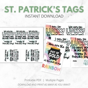 Può includere: Tag di San Patrizio con il testo "Siamo così FORTUNATI ad averti nel nostro team!" e "Sono così FORTUNATO ad averti nella mia vita!" È incluso anche un design con pentola d'oro arcobaleno. PDF stampabile.