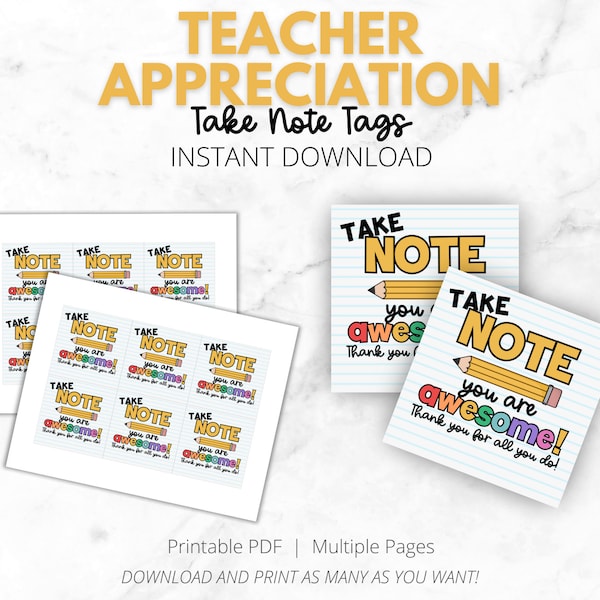 Teacher Appreciation Gift Tags | Thank You Tags | School Employee Appreciation | Take Note | Teacher, PTO, Aides | INSTANT DOWNLOAD